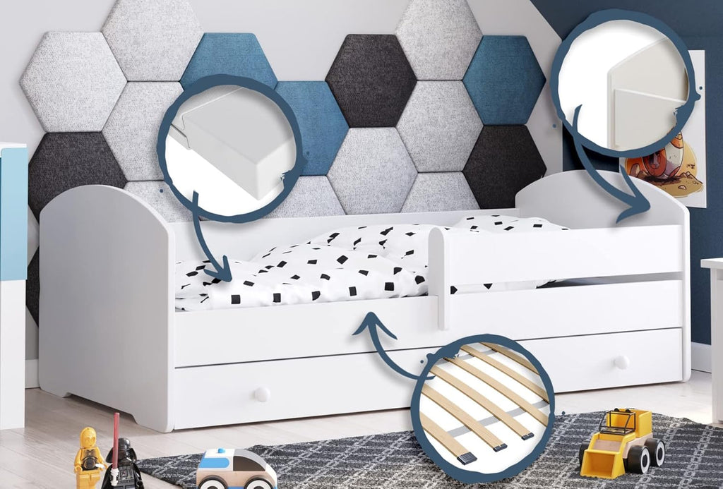 KOBI Lit Enfant LUK avec Matelas, Blanc | pour Chambres d'enfants | pour Un garçon et Une Fille | Lit Bebe pour Enfants | (avec tiroir, 140x70)