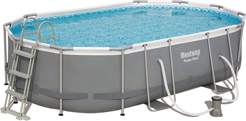 Bestway Power Steel Framepool Kit complet ovale avec pompe de filtration, échelle et bâche 488 x 305 x 107 cm