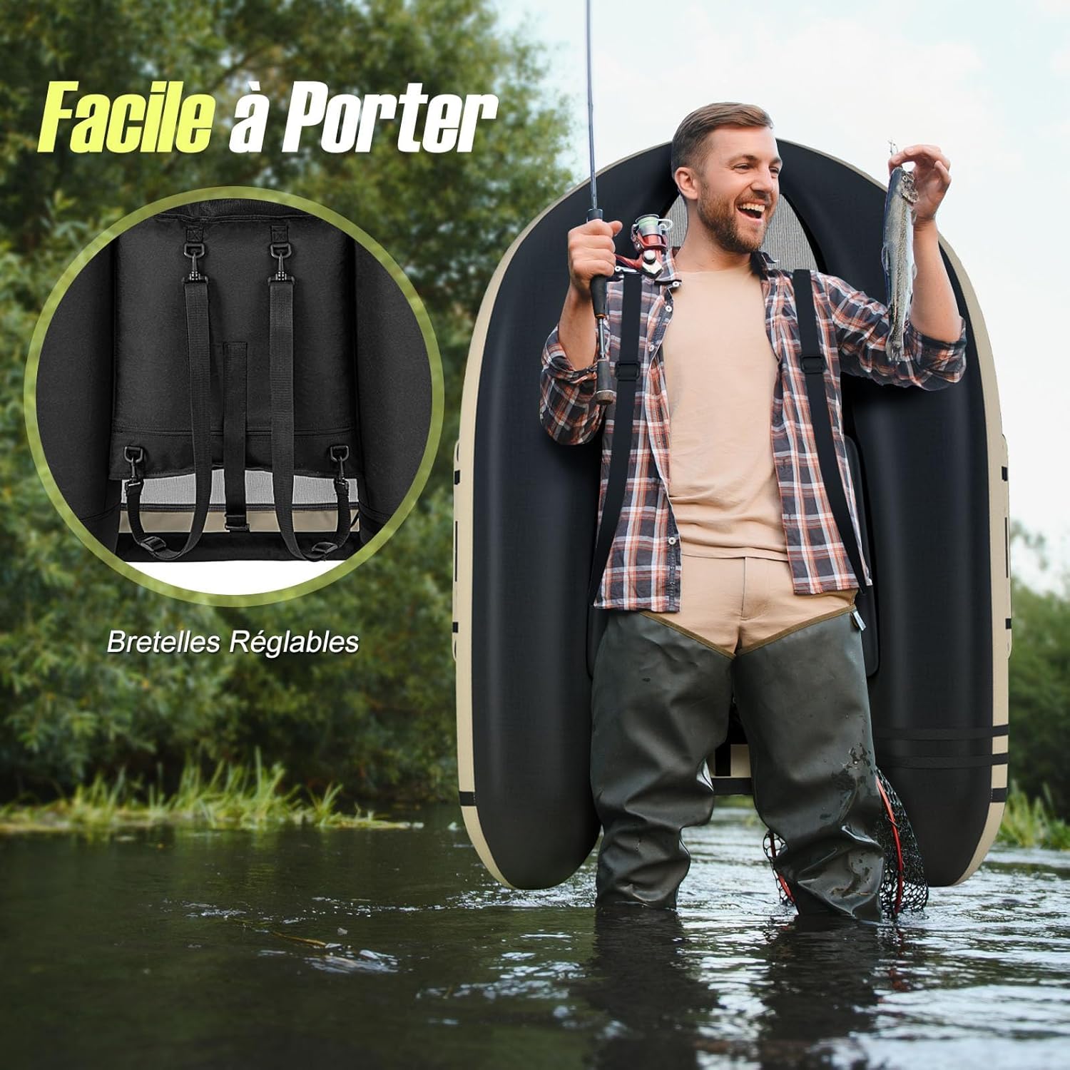 GYMAX Bateau Pêche Gonflable Portable, avec Pagaie, Règle à Poisson, Porte-Canne, Palmes, Pompe, Poches de Rangement, Tansport Pratique avec Bandoulières