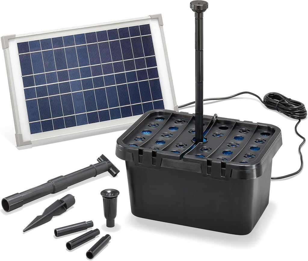 Esotec 100901 Kit complet de filtre solaire professionnel débit 650 l h avec panneau solaire de 12 W fonction de Jeu d'eau décoratif et pompe solaire pour les bassins de jardin allant jusqu'à 2000 l