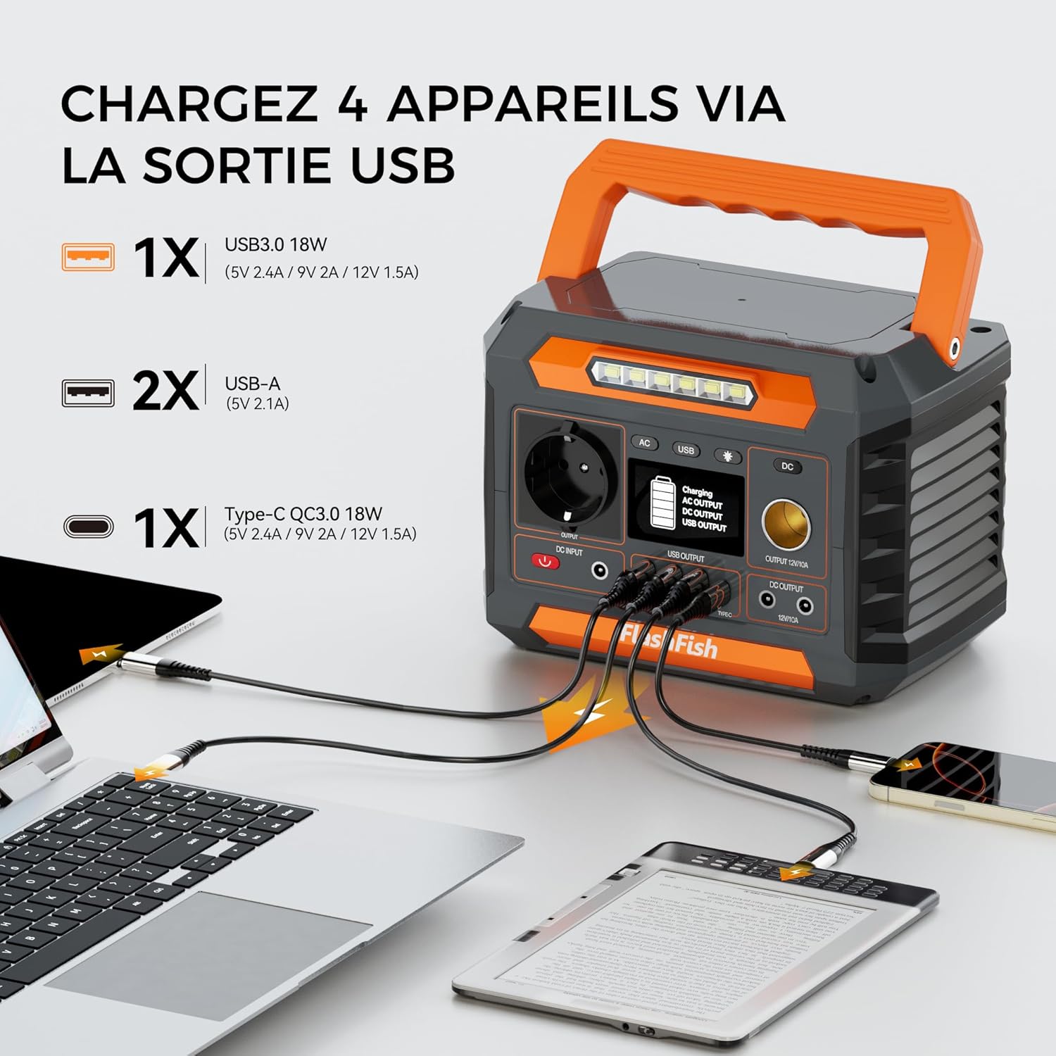 FlashFish 230,88 Wh Generateur Électrique Avec Panneau Solaire 60W, Générateur Solaire Portable 300W Avec 230V AC/DC/USB/type C/lumières LED -Batterie de Secours Pour camping, voyages et Urgences