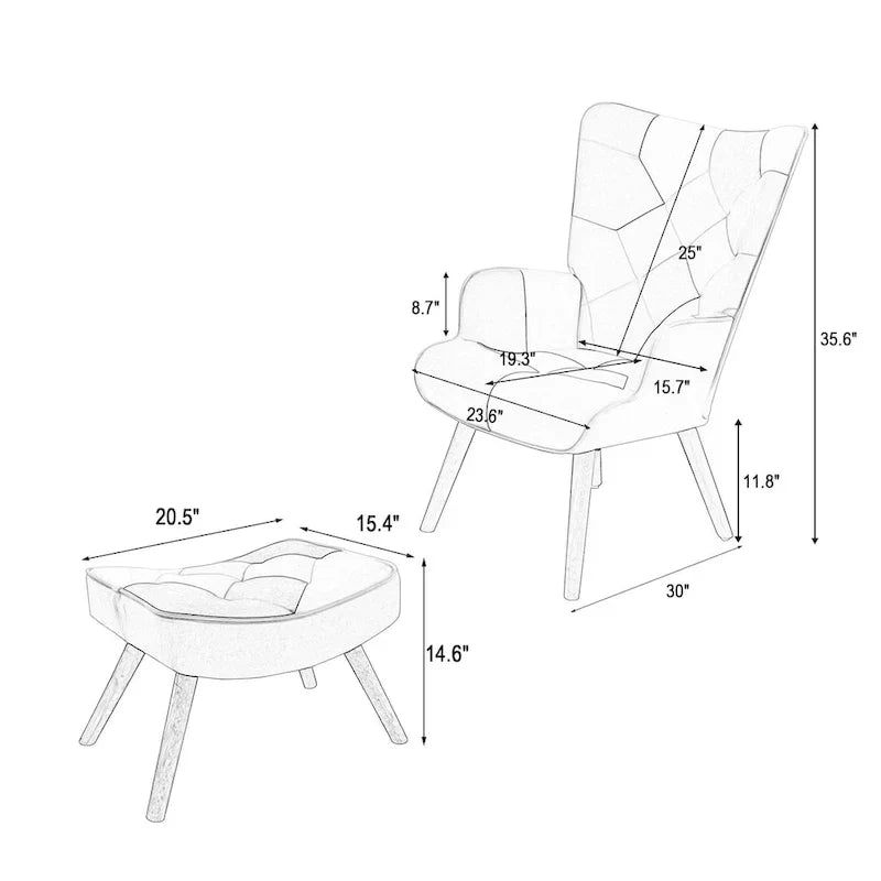 Fauteuil d'appoint avec pouf, ensemble fauteuil et pouf de salon, fauteuil d'appoint confortable pour chambre à coucher, surface en tissu à épissures créatives