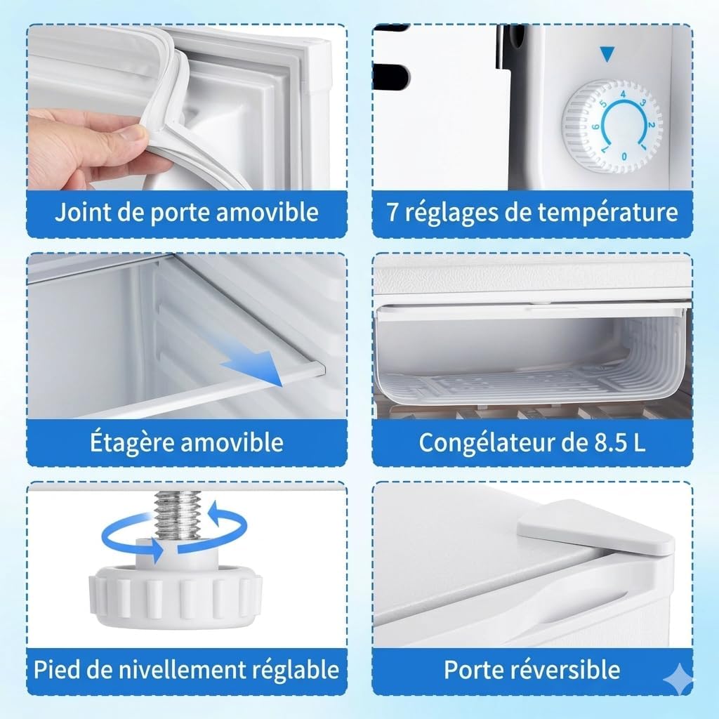 Mini réfrigérateur 90,8 L avec congélateur à porte simple, thermostat à 7 réglages. Économe en énergie et silencieux, modèle compact idéal for bureau, chambre et dortoir, couleur blanche