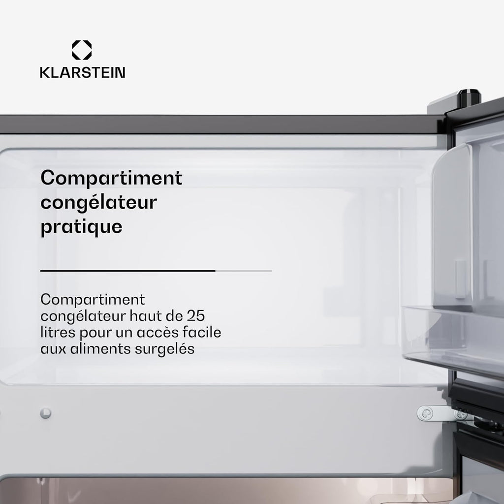 KLARSTEIN Big Daddy Cool - Frigo réfrigérateur, réfrigérateur combiné, Compartiment bouteilles, Bac légumes, Eclairage intérieur, Look moderne, Nettoyage facile, Pieds réglables, 86 L - Argent