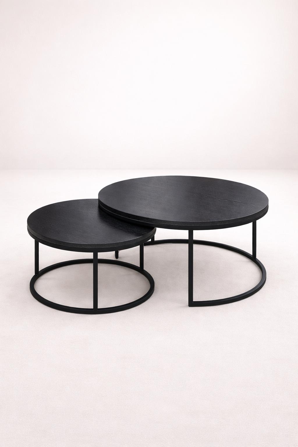 Table Basse Gigogne Ronde Noir – Bois & Métal – 80/60 cm
