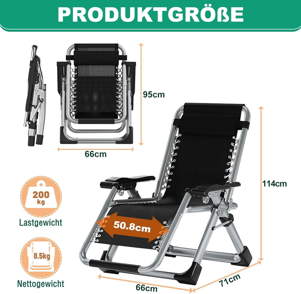 Chaise longue pliable, chaise de terrasse, capacité de charge 200 kg, chaise zéro gravité avec coussin de soutien, porte-boissons, chaise longue de jardin extra large réglable pour patio