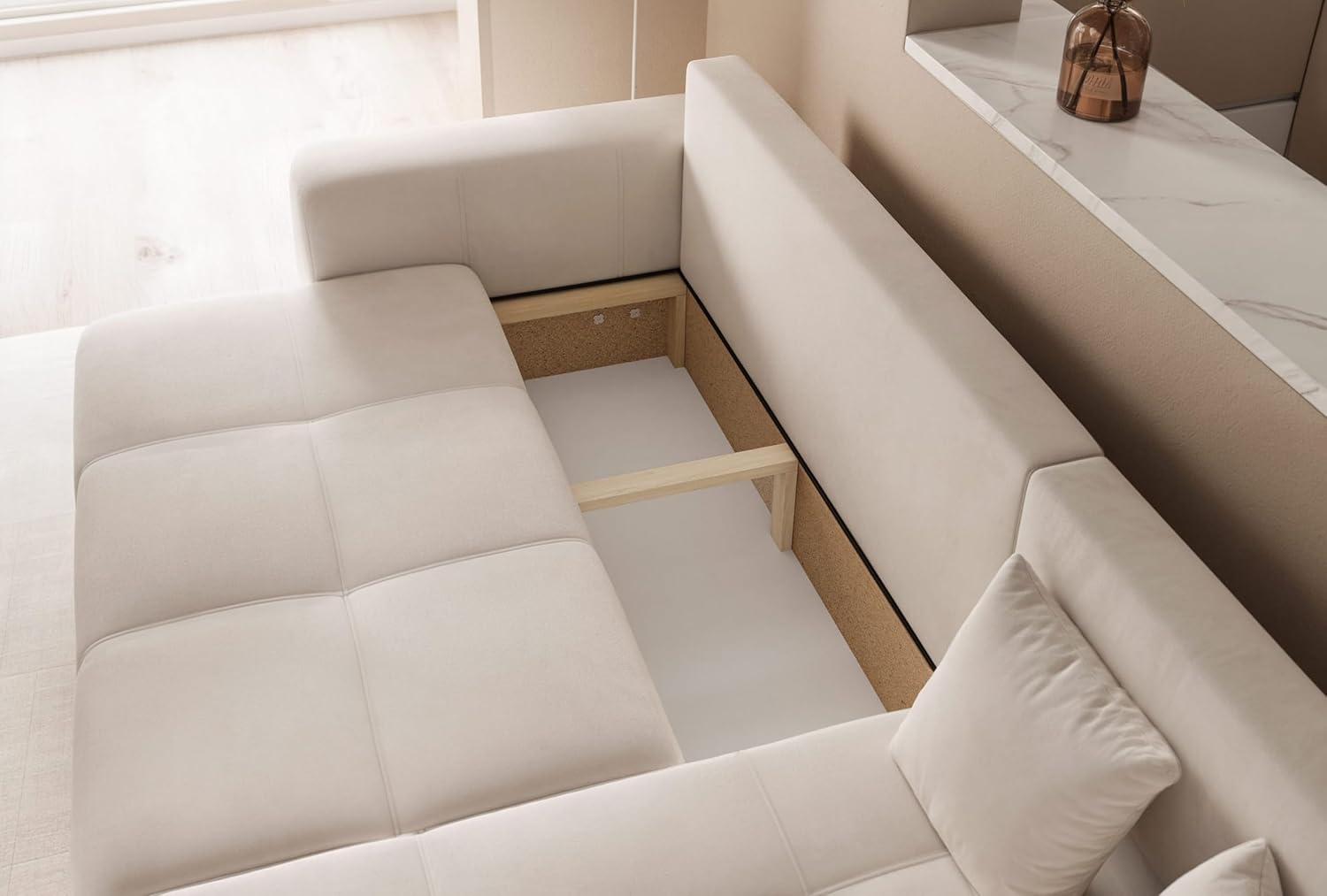 Canapé d'angle Convertible 145x248 à Gauche ou à Droite - Canapé 3 Places Convertible Beige avec Espace de Rangement