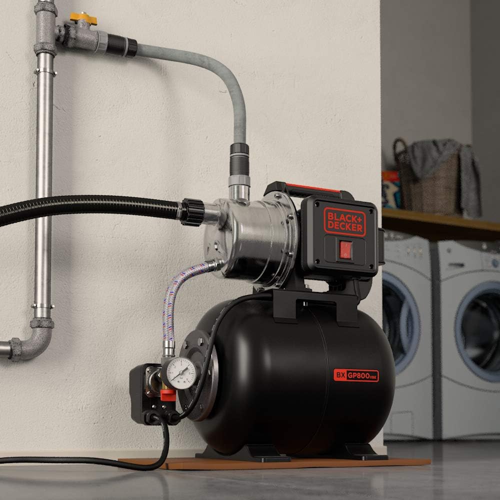 Black+Decker BXGP800XBE Pompe Auto-Amorçante avec Cuve Aspirateur (800 W, Débit Max 3.500 l/h, Hauteur d'Élévation Max. 38m)