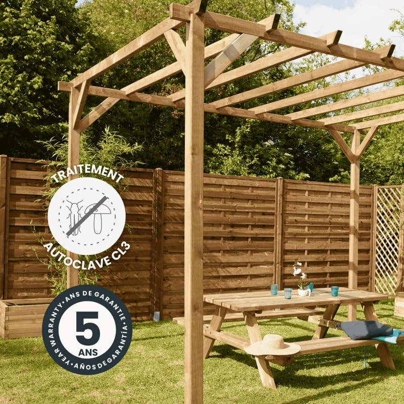 Tonnelle en Bois Magdalie 4x3 m - Pin sylvestre traité Autoclave, Structure Solide 4 poteaux 9x9 cm - Idéale terrasse, Jardin et Espace ombragé