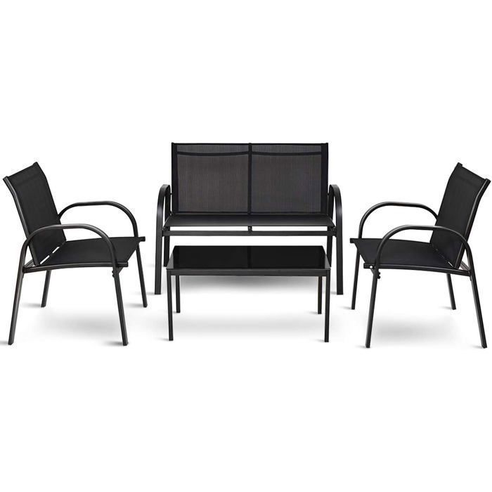 COSTWAY Ensemble Salon de Jardin 4 Places, 2 Fauteuils, 1 Canapé et 1 Table Basse en Verre, Tissu Respirant Anti-UV, Noir