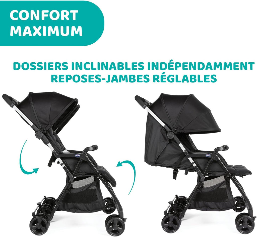Chicco OHlalà Poussette Double Tandem, Légère Inclinable et Pliable, pour Jumeaux dès la Naissance jusqu'à 15 kg, Fermeture Compacte, Housse de Pluie Incluse, Capote Extensible – Noir