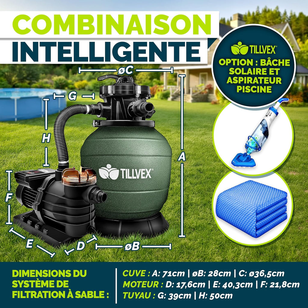 tillvex® Système de Filtre à Sable 13 200L/h jusqu'à 40 000L + 1200g Boules Filtre | 7 Fonctions & Adaptateur 2en1 Ø32-38mm | Filtre piscine & indicateur de pression (Vert, Avec minuterie)
