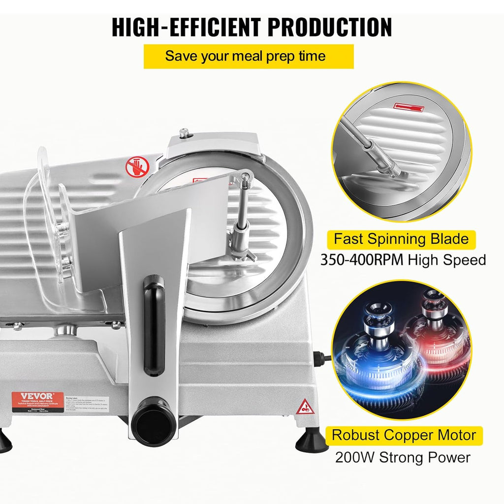 VEVOR Trancheuse Électrique Commerciale 200 W Trancheuse à Jambon Lame 203 mm 350-400 tr/min Trancheuse Charcuterie en Acier Inoxydable et Alu pour Couper en Tranches Viande Fromage Légumes Fruits