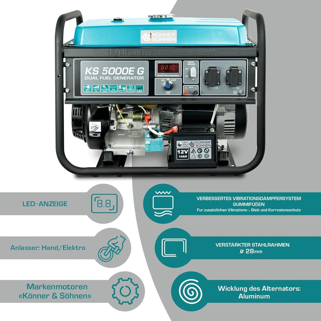 Groupe électrogène à essence/gaz KS 5000E G Könner & Söhnen, puissance maximale 4500W, démarrage manuel/électrique, prises 2x16A, 12 V, régulateur de tension automatique (AVR), affichage LED.