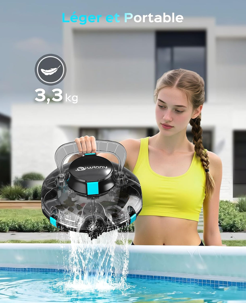 WINNY POOL CLEANER Winny 200P Robot Piscine, Aspirateur Piscine sans Fil avec Batterie, Autonomie 80 Min pour Piscines Hors-Sol 60m², Double Filtration,Stationnement Automatique(Noir-Bleu)