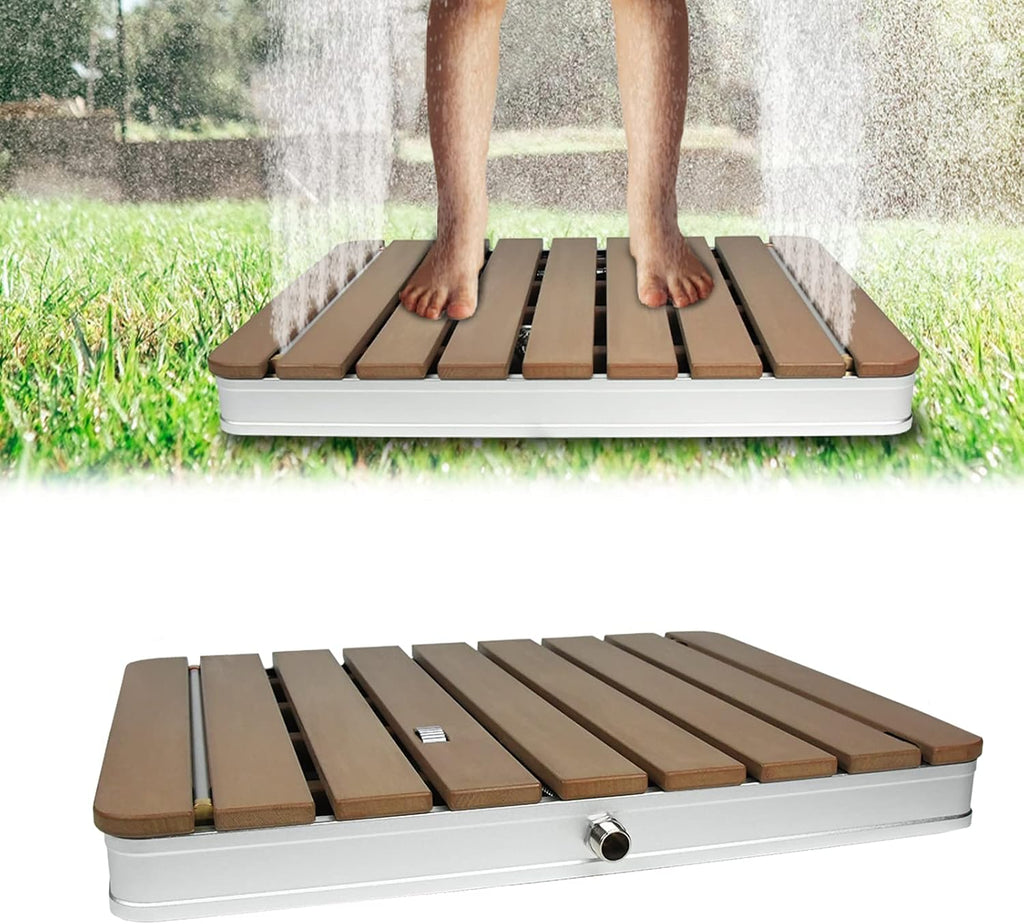 UISEBRT Douche de jardin en WPC et aluminium - Douche au sol mobile Douche solaire Douche de camping - Hauteur de jet réglable jusqu'à 4m - pour piscine Jardin Terrasse (Rectangulaire - Brun)