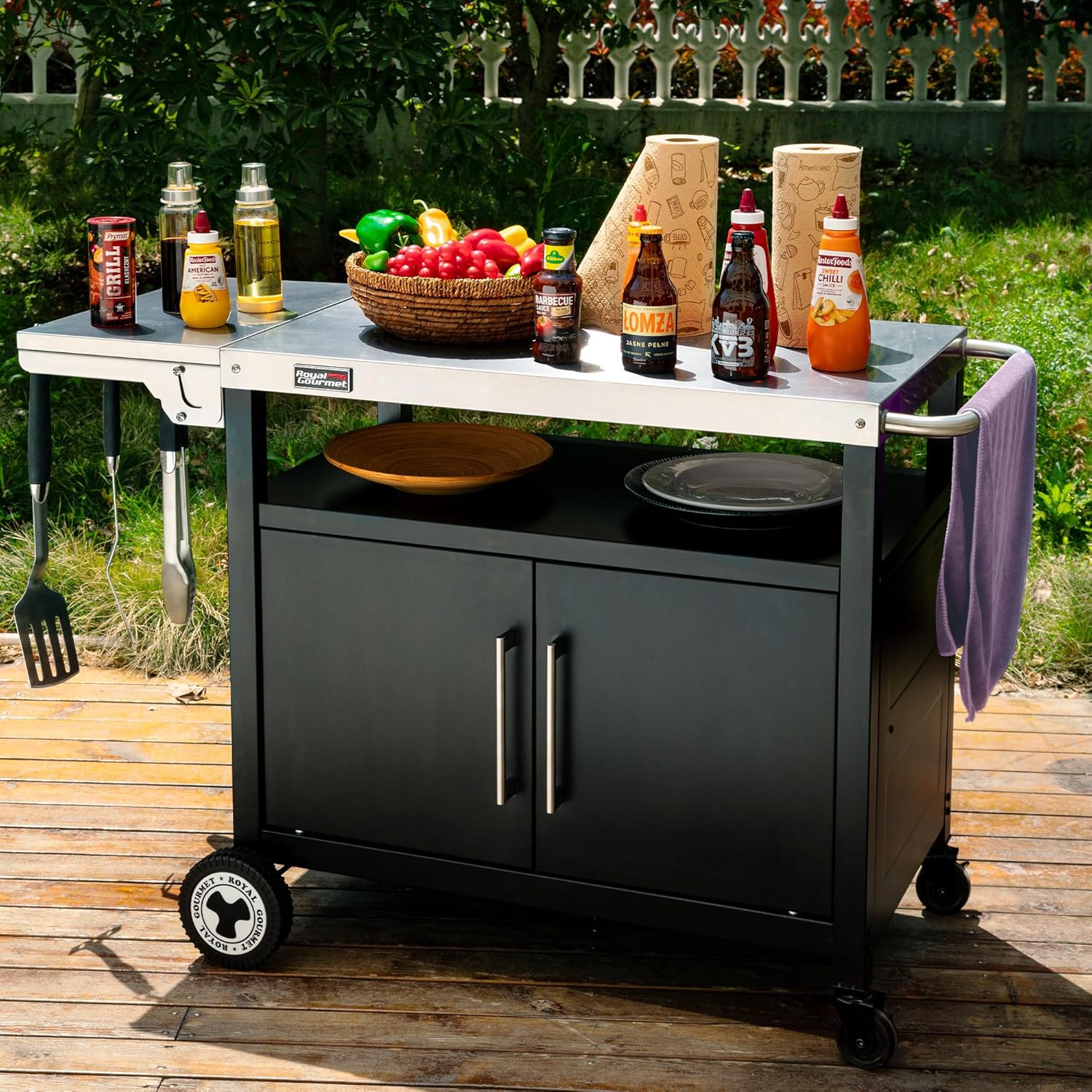 Royal Gourmet Chariot de Barbecue avec Porte d'Armoire, Desserte Extérieure pour Plancha avec Dessus de Table en Acier INOX 85 x 50cm et Table d'Appoint Pliable de 30 x 50cm, pour Cuisine et Jardin