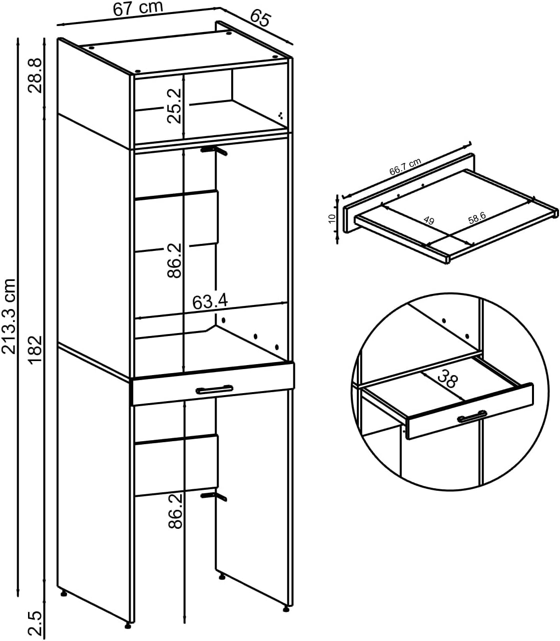 • Armoire de machine à laver pour sèche-linge et machine à laver • Avec planche coulissante • Blanc • Chêne noir • Armoire superposée (blanc, avec armoire pliante de 22 cm)