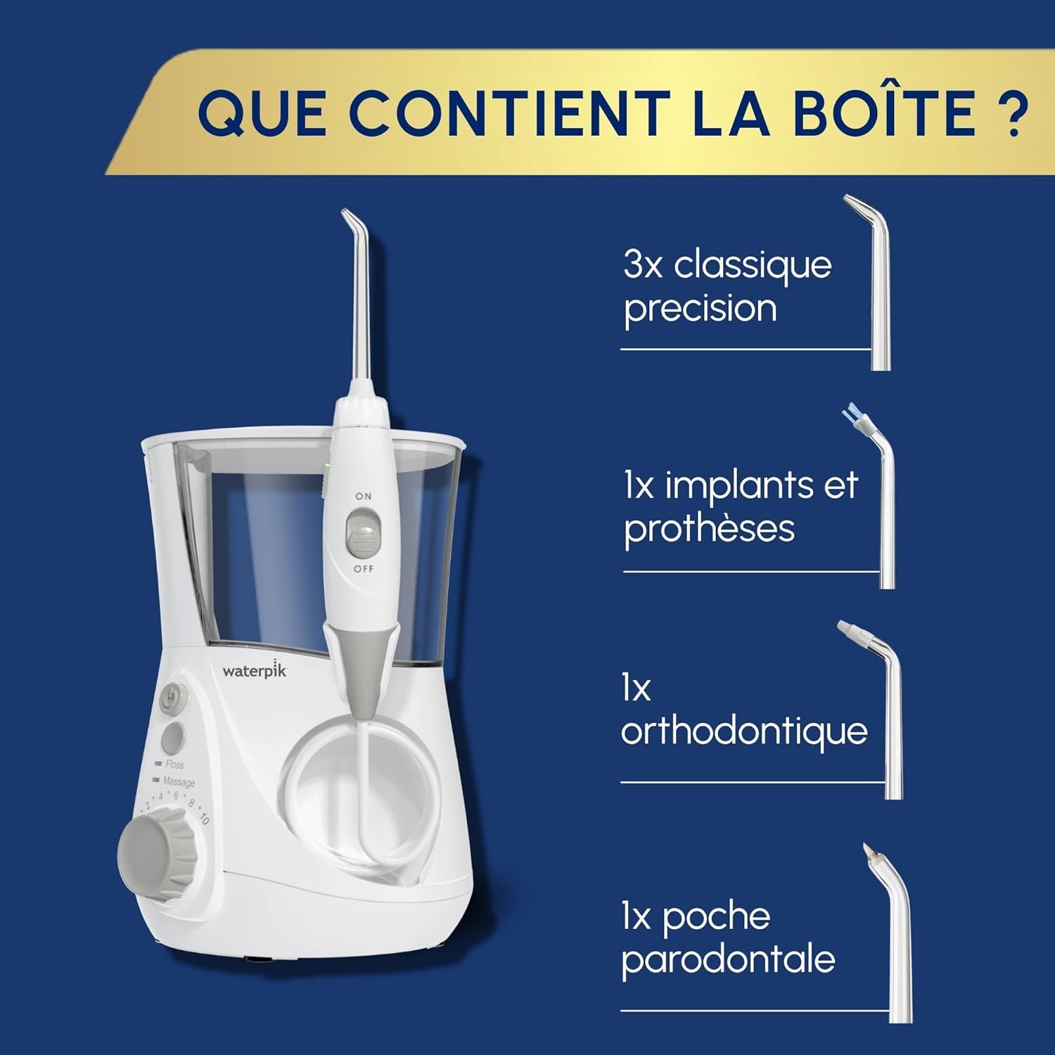 Waterpik – Hydropulseur Ultra professionnal, Jet dentaire avec 6 embouts et 10 niveaux de pression, Élimine la plaque, Blanc (WF-660EU)