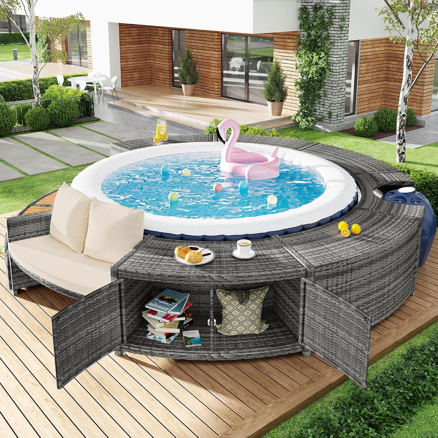 Spa Piscine Salon de Jardin Bordure de Piscine PE Gris Rotin et Bois d'acacia avec Espace de Rangement Salon Salon pour Jacuzzi et Piscine