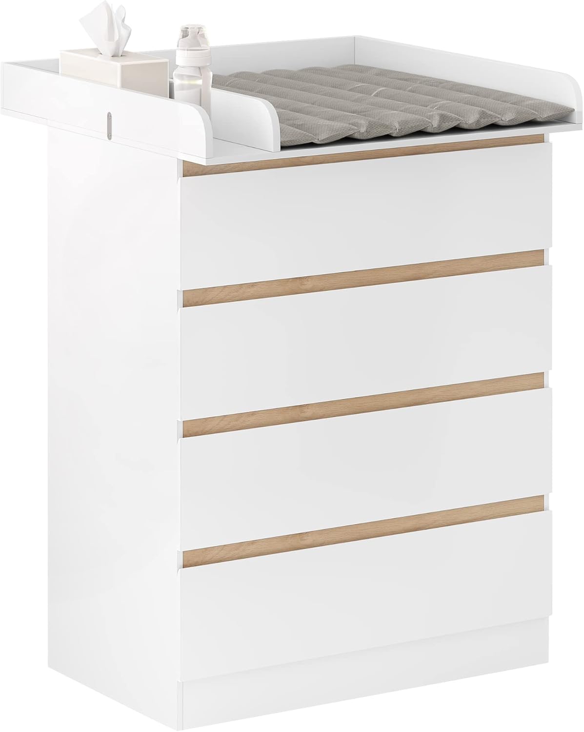 WOLTU Table à Langer + Commode avec 4 Tiroirs, Ensemble Meuble à langer pour Bébé, en Bois d’Ingénierie, Blanc + Chêne Clair, 80x75x109,2cm