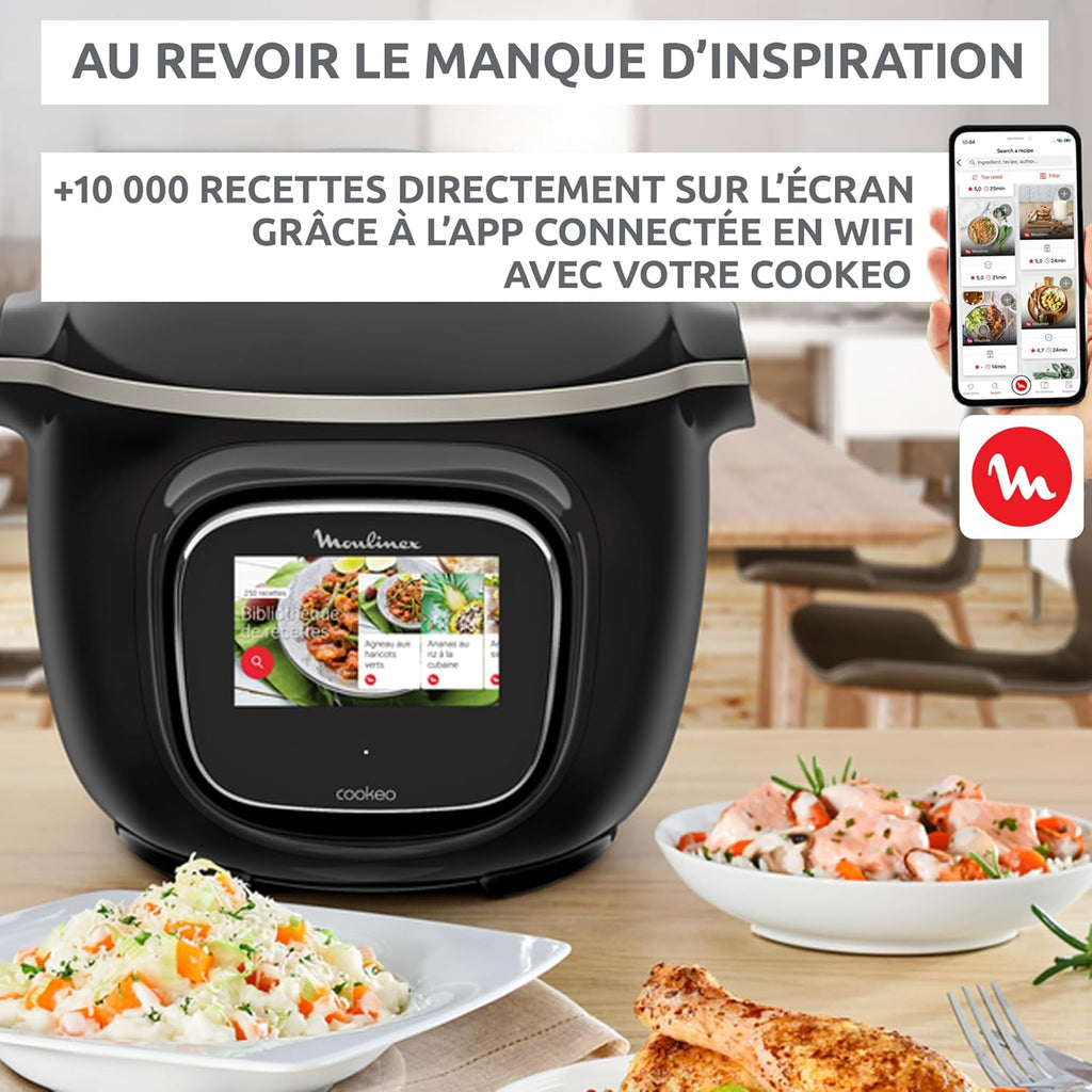 Cookeo Touch Wifi Multicuiseur intelligent, Cuve 6 L, Haute pression, Guide pas à pas, 250 recettes intégrées, Application CE902800, Noir