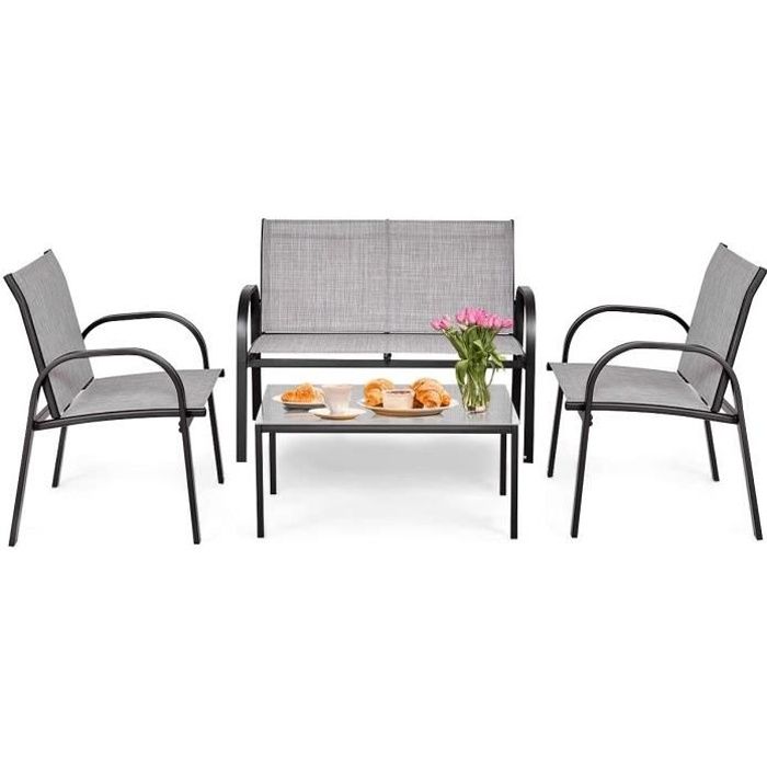 COSTWAY Ensemble Salon de Jardin 4 Places, 2 Fauteuils, 1 Canapé et 1 Table Basse en Verre, Tissu Respirant Anti-UV, Noir