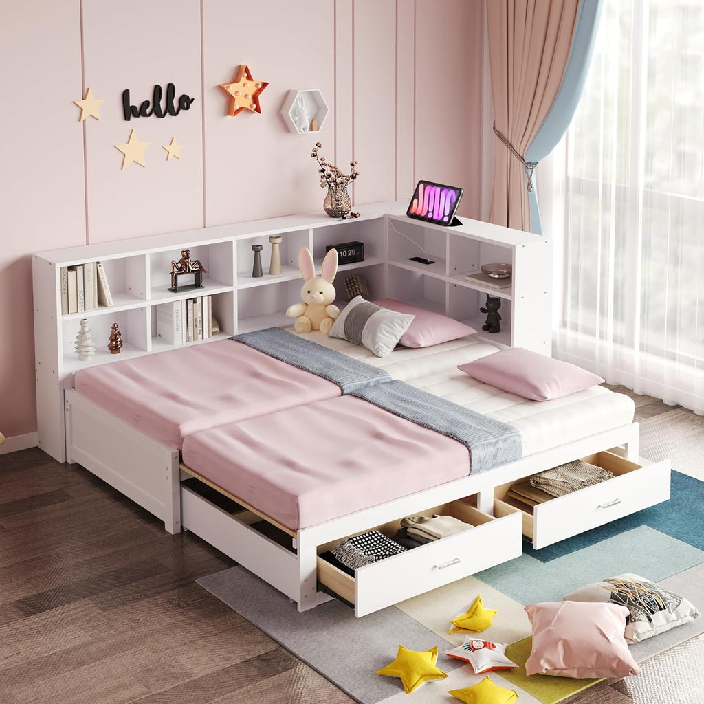 Lit Gigogne 90x190 cm + 180x190 cm - Lit en Bois avec Rangement et Prise Intégrée, Structure Pin et MDF, Matelas Non Inclus - Blanc