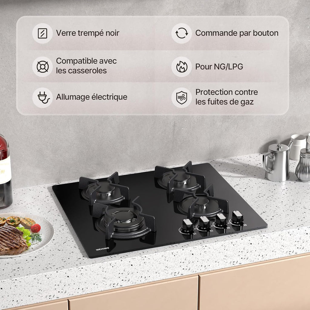 Plaque de Cuisson Gaz 4 Feuxs, Plaque Gaz 4 Feuxs Encastrable, Table de Cuisson 60cm, Grille Fonte, 7800W, Gazs Ville et Bouteille, Verre Noir
