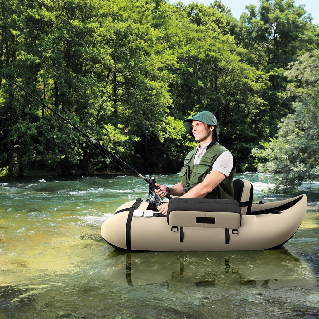 GYMAX Bateau Pêche Gonflable Portable, avec Pagaie, Règle à Poisson, Porte-Canne, Palmes, Pompe, Poches de Rangement, Tansport Pratique avec Bandoulières