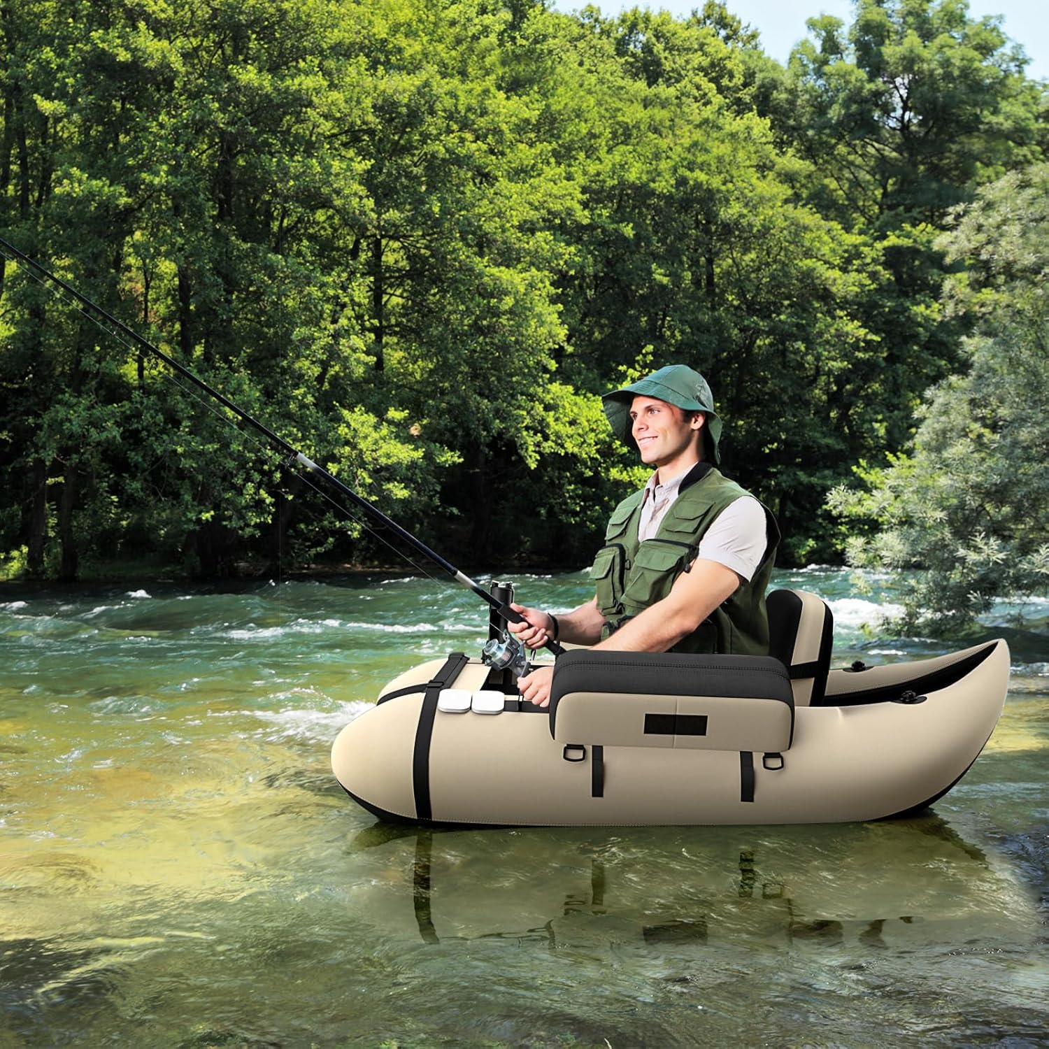 GYMAX Bateau Pêche Gonflable Portable, avec Pagaie, Règle à Poisson, Porte-Canne, Palmes, Pompe, Poches de Rangement, Tansport Pratique avec Bandoulières