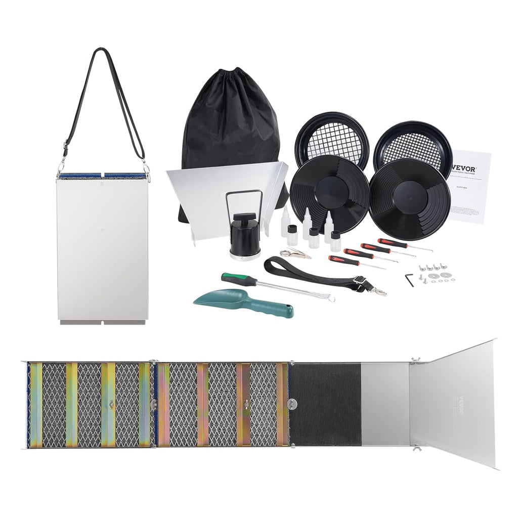 VEVOR Kit d'Orpaillage Portable 23 Pièces Rampe d'Orpaillage 127 cm en Aluminium Résistant avec Bâtée Tamis Pipettes Pelle et Sac de Transport Sluice pour Mineur Prospecteur d’Or Jardin Rivières