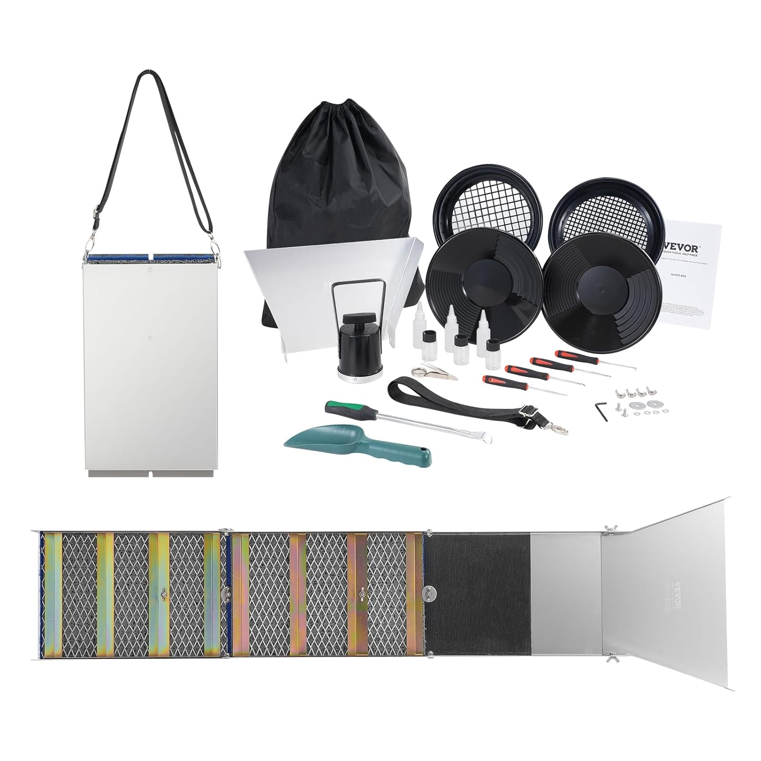 VEVOR Kit d'Orpaillage Portable 23 Pièces Rampe d'Orpaillage 127 cm en Aluminium Résistant avec Bâtée Tamis Pipettes Pelle et Sac de Transport Sluice pour Mineur Prospecteur d’Or Jardin Rivières