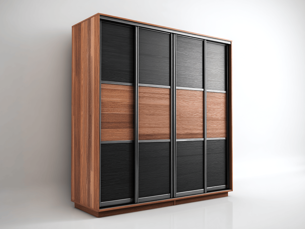 Armoire 4 portes coulissantes – façade bois noir et brun à effet rainuré