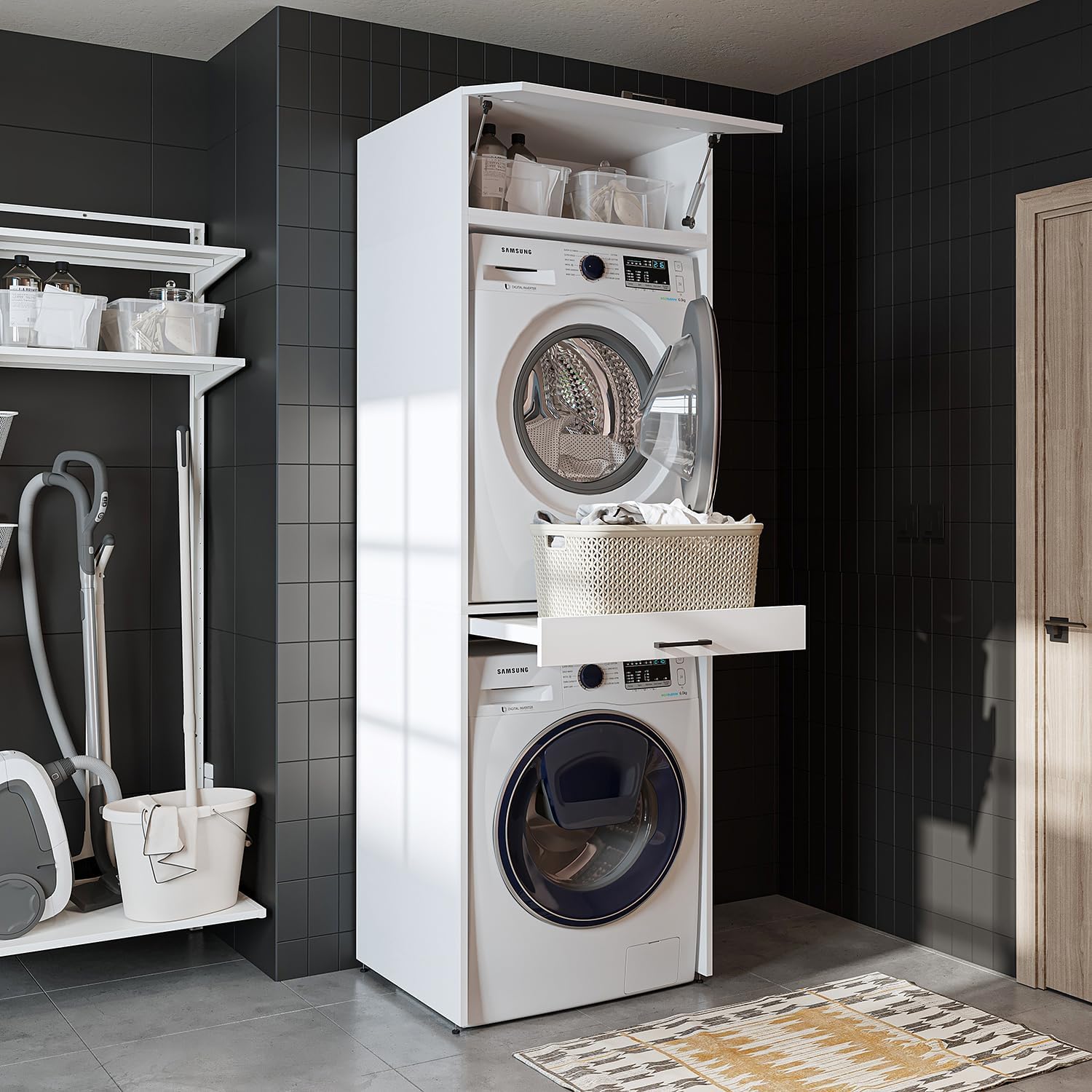 • Armoire de machine à laver pour sèche-linge et machine à laver • Avec planche coulissante • Blanc • Chêne noir • Armoire superposée (blanc, avec armoire pliante de 22 cm)