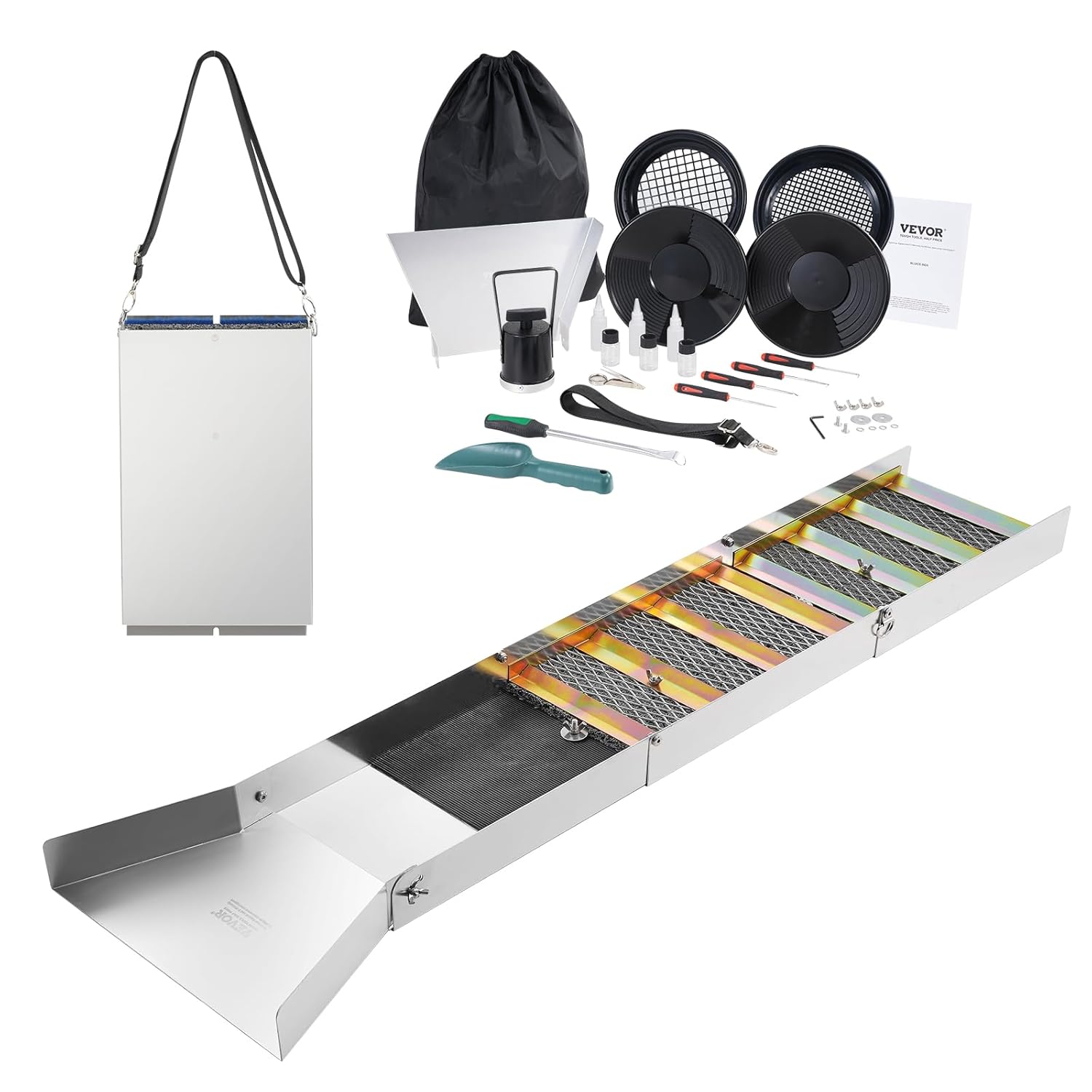 VEVOR Kit d'Orpaillage Portable 23 Pièces Rampe d'Orpaillage 127 cm en Aluminium Résistant avec Bâtée Tamis Pipettes Pelle et Sac de Transport Sluice pour Mineur Prospecteur d’Or Jardin Rivières