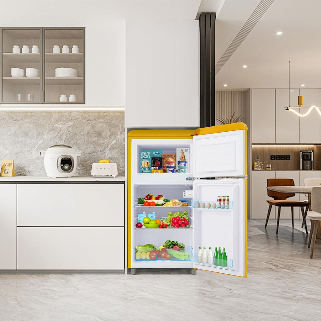 Réfrigérateur-congélateur Style rétro, Deux Portes, capacité Totale de 72 litres, Compartiment congélateur de 21 litres, consommation énergétique de 120 kWh/an, éclairage LED Yellow