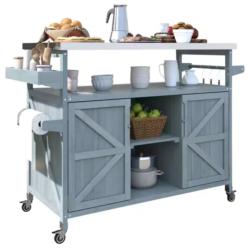 Okak Outdoor Kitchen Island with Stainless Steel Top, Wooden Kitchen Cart with Doors, Shelves and Spice Rack, Rolling Kitchen Island