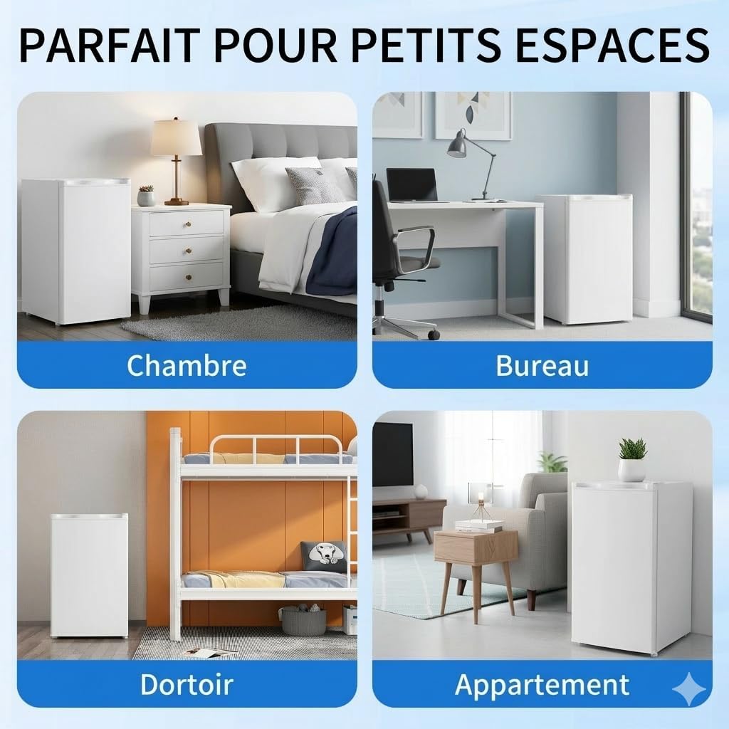 Mini réfrigérateur 90,8 L avec congélateur à porte simple, thermostat à 7 réglages. Économe en énergie et silencieux, modèle compact idéal for bureau, chambre et dortoir, couleur blanche