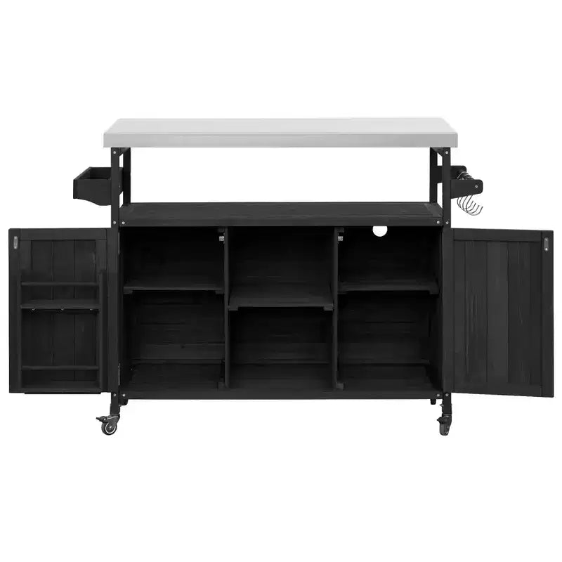 Okak Outdoor Kitchen Island with Stainless Steel Top, Wooden Kitchen Cart with Doors, Shelves and Spice Rack, Rolling Kitchen Island