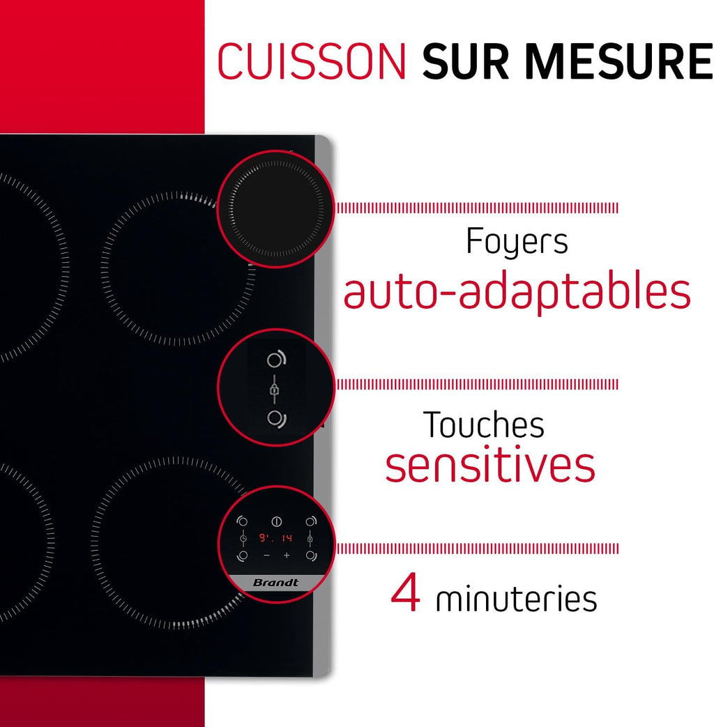 Brandt - BPI6464B - Plaque Induction - Table de Cuisson Encastrable - Noir - 4 Foyers - 7200W - Dimensions Encastrement : 56x49cm - Précision et Performances - Fabriqué en France