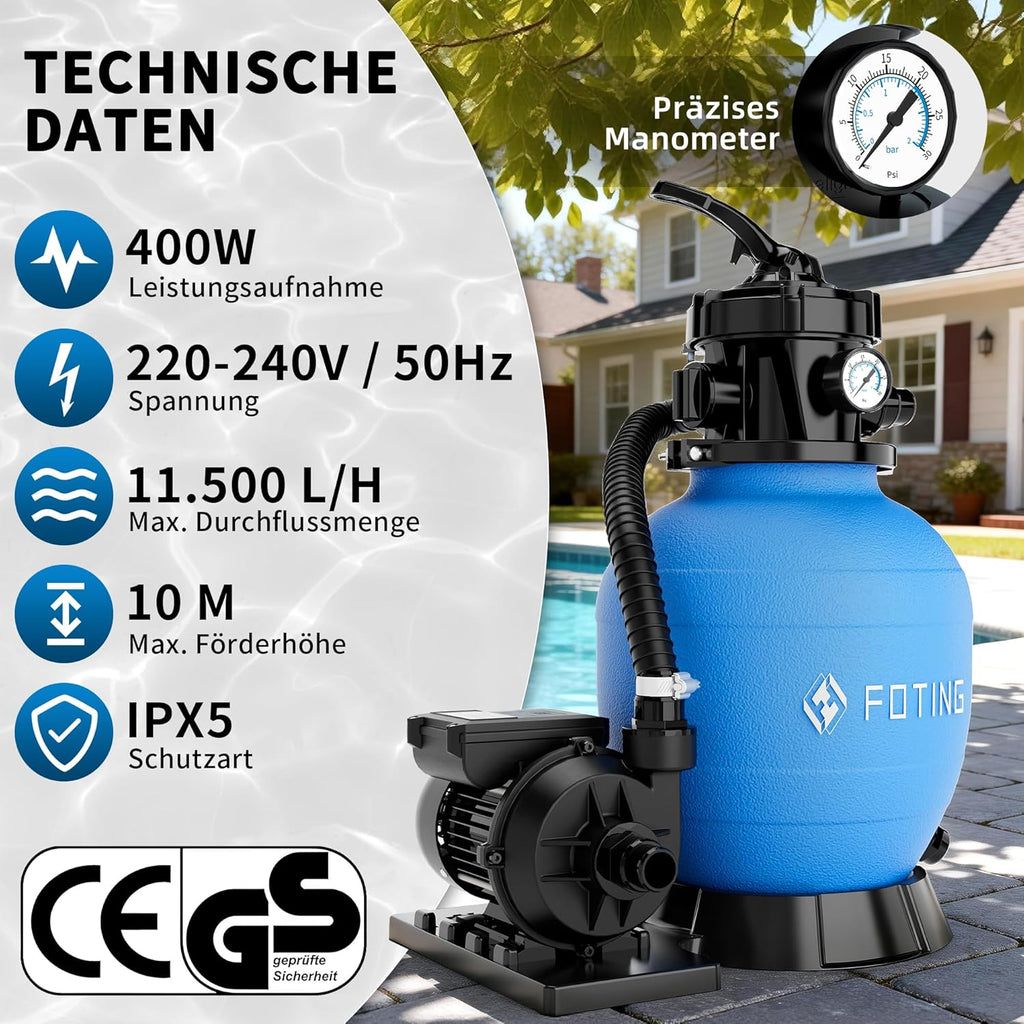 FOTING Système de Filtre à Sable pour Piscine 11 500 L/h (11,5 m³/h) INCL. 200 g de Billes Filtrantes, Filtre de Piscine avec Vanne 7 Voies, Minuterie 24 h, Adaptateur 2-en-1 Ø32–38 mm