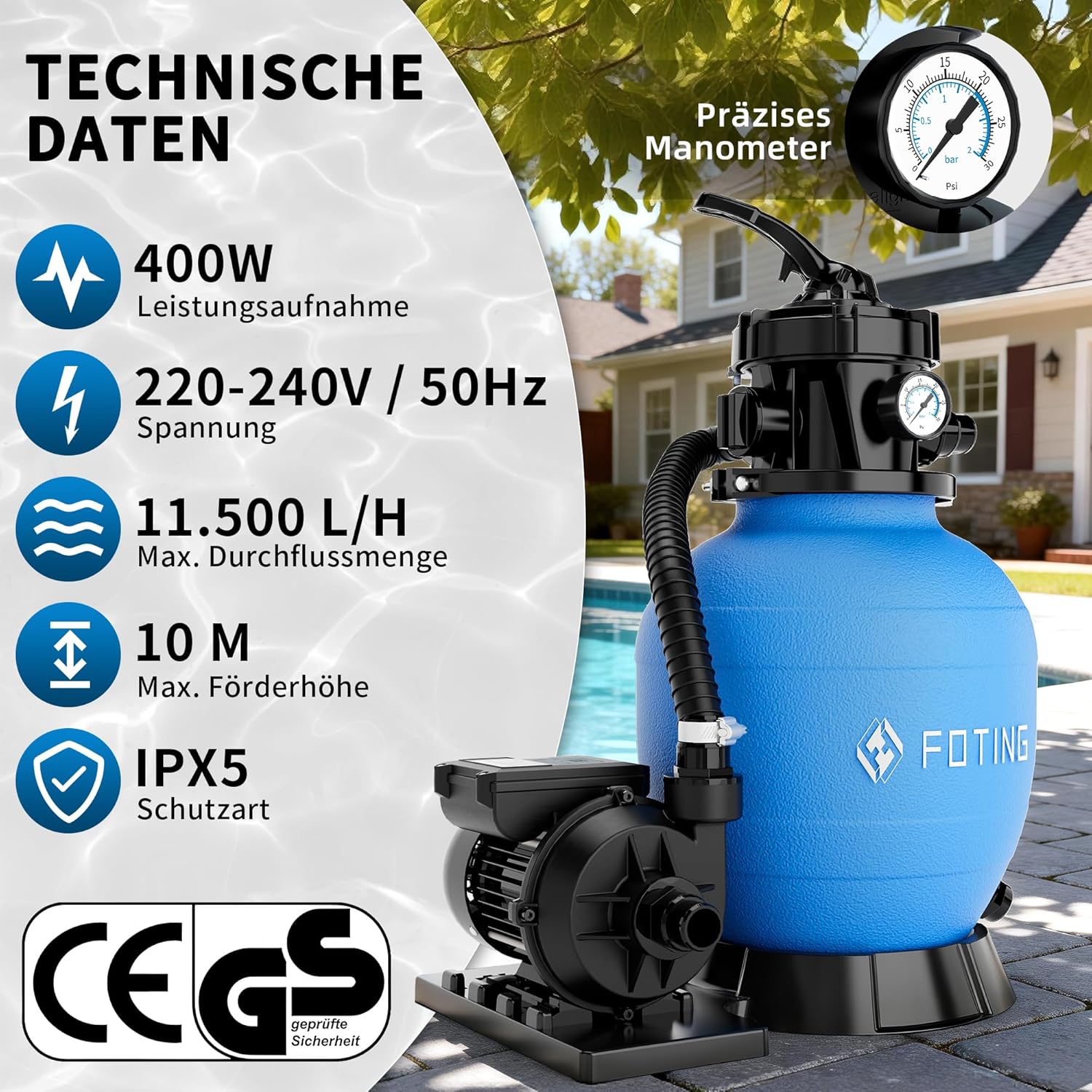 FOTING Système de Filtre à Sable pour Piscine 11 500 L/h (11,5 m³/h) INCL. 200 g de Billes Filtrantes, Filtre de Piscine avec Vanne 7 Voies, Minuterie 24 h, Adaptateur 2-en-1 Ø32–38 mm