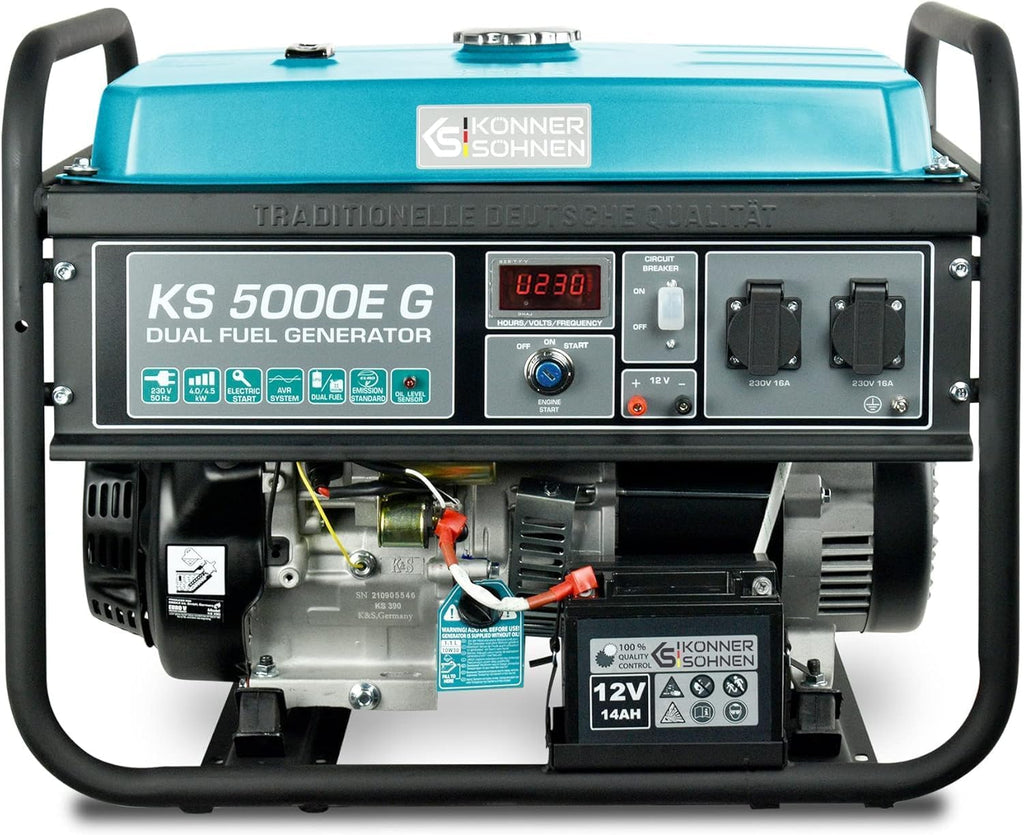 Groupe électrogène à essence/gaz KS 5000E G Könner & Söhnen, puissance maximale 4500W, démarrage manuel/électrique, prises 2x16A, 12 V, régulateur de tension automatique (AVR), affichage LED.