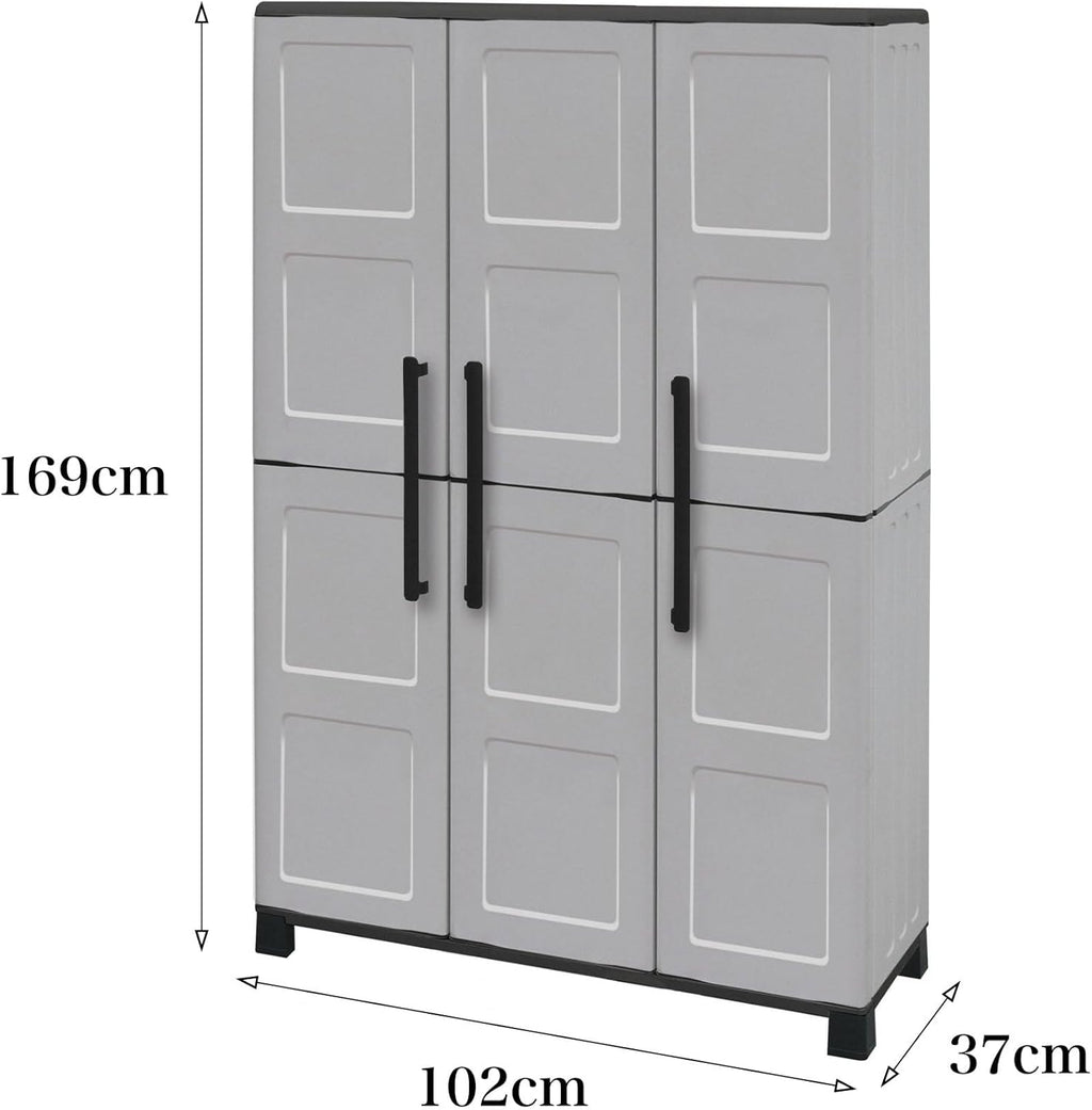 Dmora - Armoire d'extérieur Nandrin, Armoire à balais, Armoire d'extérieur 3 portes, 100% Made in Italy, 102x37h169 cm, Gris clair et noir, Finition damier