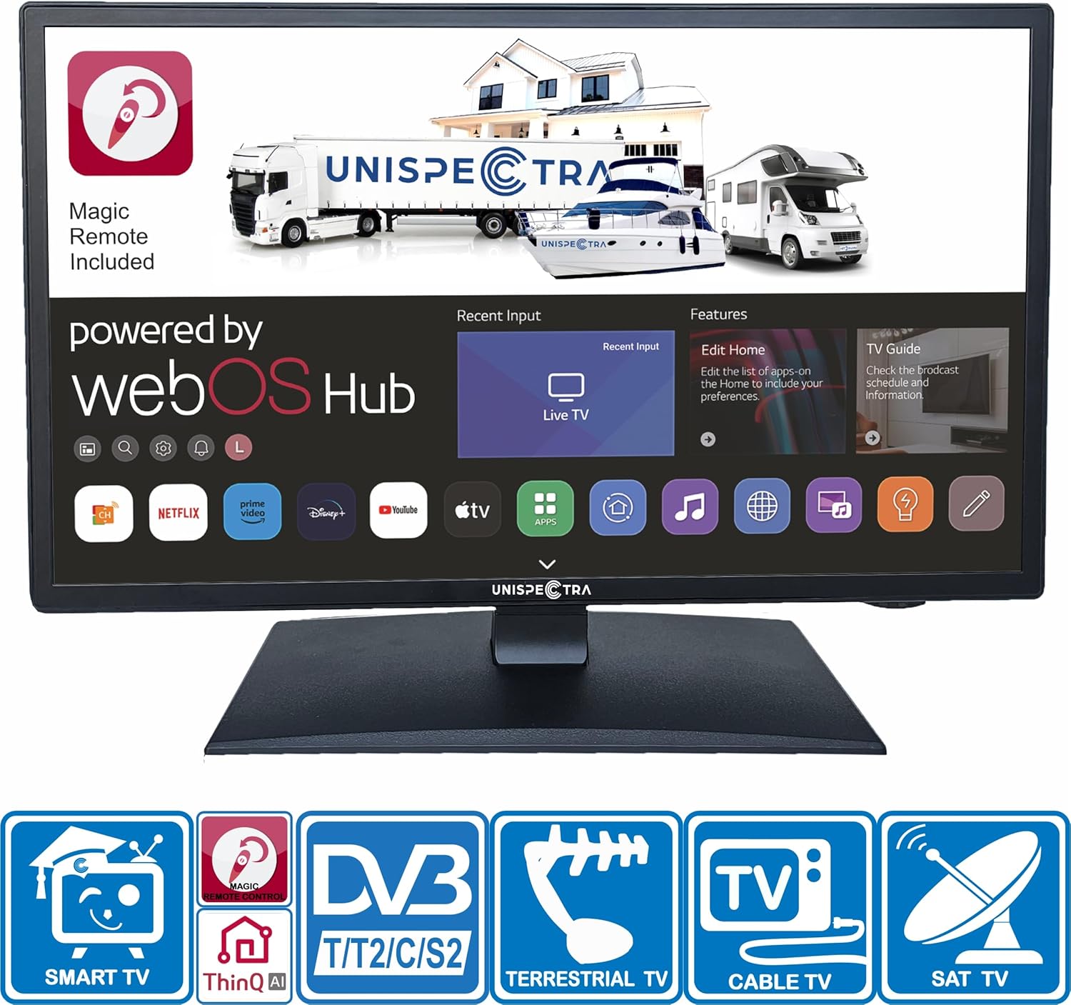 Unispectra WebOS Smart TV 22" 12 V ELED Full HD 240 V TV Freeview & SAT Tuner 3 x HDMI, 2 x USB, Magic Remote. Téléviseurs pour camping-cars, caravanes, camions et camionnettes