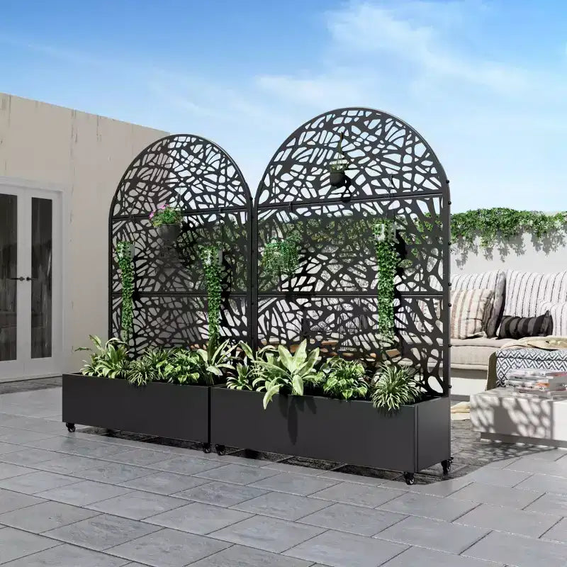 MAYEERTY 72x47 Black Arched Iron Planter Box with Trellis, 3 Piece Set Decorative Garden Screen for Patio and Balcony