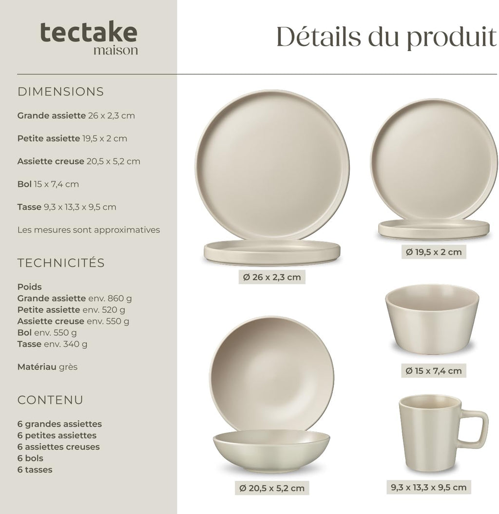 tectake® Set de cuisine 45 pièces, Service de table 6 personnes et Batterie de cuisine, Poêles, Casseroles, Assiettes plates, Assiettes creuses, Bols, Tasses, Louche, Spatule, Vaisselle en grès