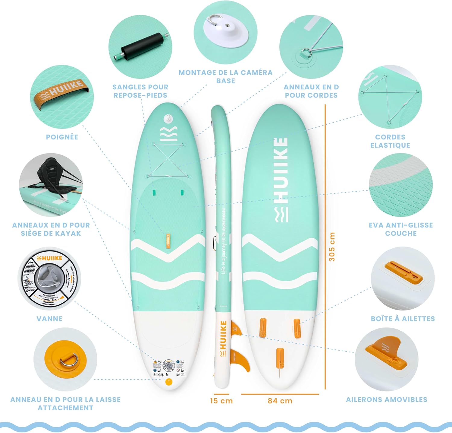 HUIIKE Paddle Gonflable Adulte avec Accessoires Inclus, Pagaie, Ailerons, Pompe. Planche de Stand Up Paddle Grande Stabilité et Résistance. 305 x 84 x 15 cm, Jusqu'à 130 kg