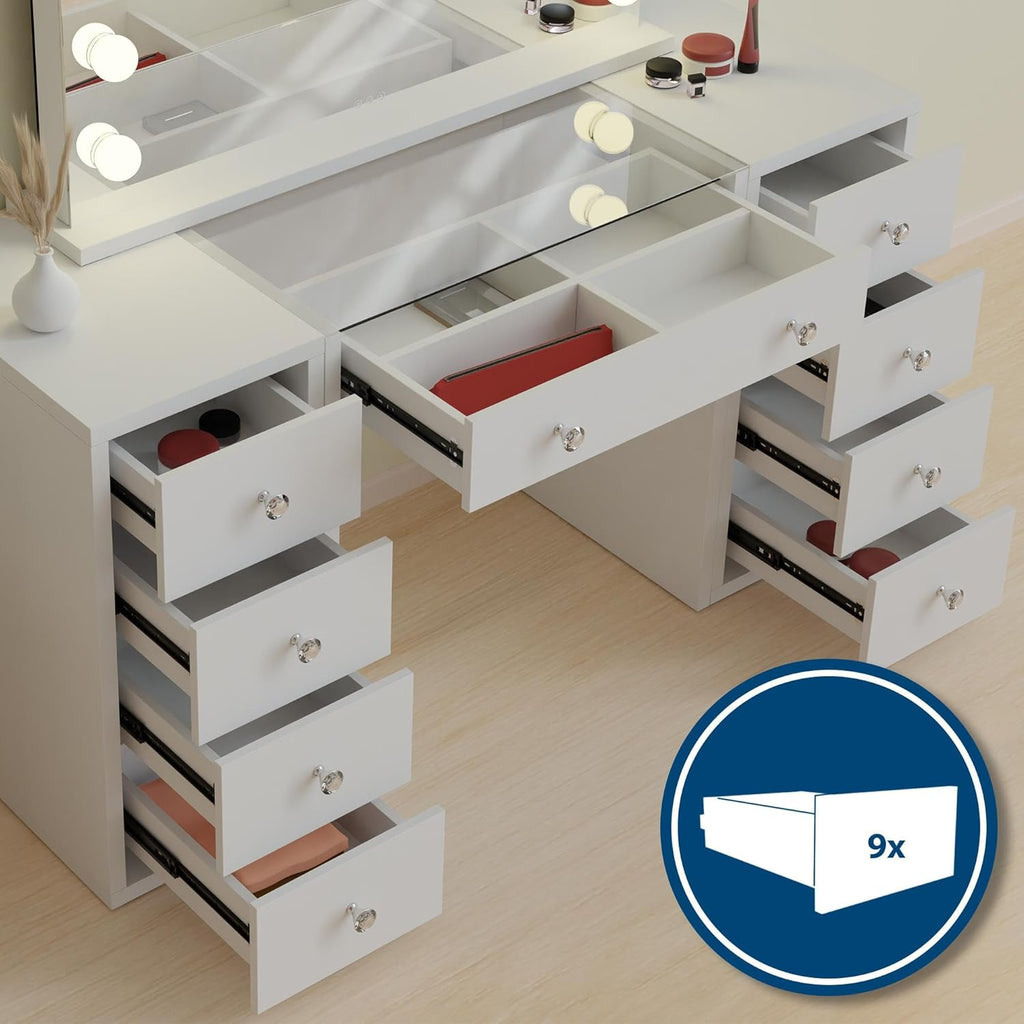 CLP Coiffeuse Tiline Miroir Hollywood Éclairage LED 9 Tiroirs Plateau Verre Prise USB Blanc